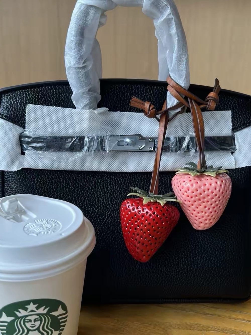 Black Textured Tote with Strawberry Charm Duo
